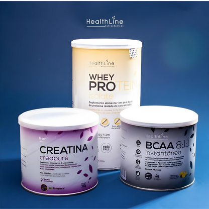 KIT GANHO DE MASSA (Whey Protein + BCAA + Creatina) - HEALTHLINE | Suplementos e Nutracêuticos
