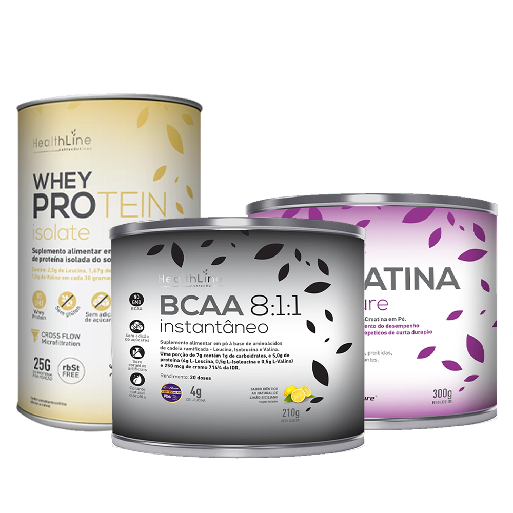 KIT GANHO DE MASSA (Whey Protein + BCAA + Creatina) - HEALTHLINE | Suplementos e Nutracêuticos